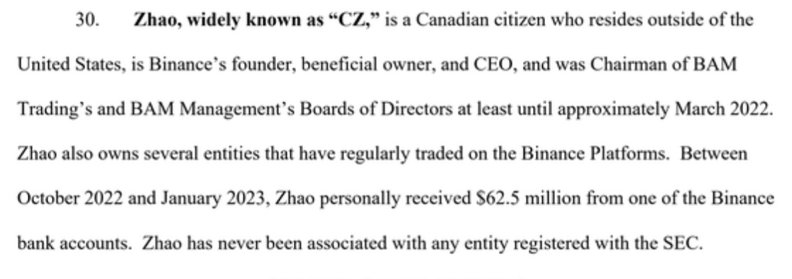 SEC指控赵长鹏从Binance币安收受6250万美元!旗下造市商操纵币价 SEC指控赵长鹏从Binance币安收受6250万美元!旗下造市商操纵币价